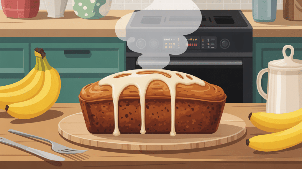 banana bread beurre de cacahuete chaud, sur table de cuisine