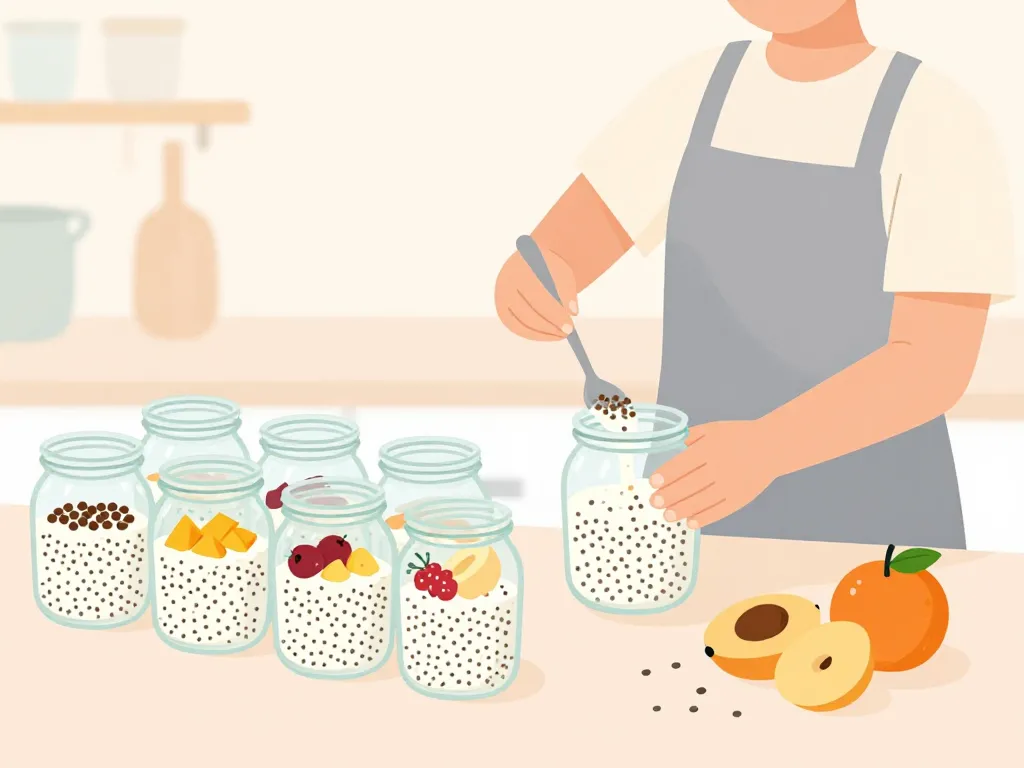 Préparation rapide petit dej graine de chia en cuisine avec fruits et bocaux