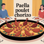 Illustration de recette paella au poulet et chorizo conviviale