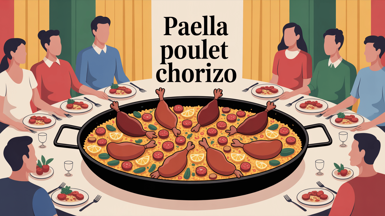 Illustration de recette paella au poulet et chorizo conviviale