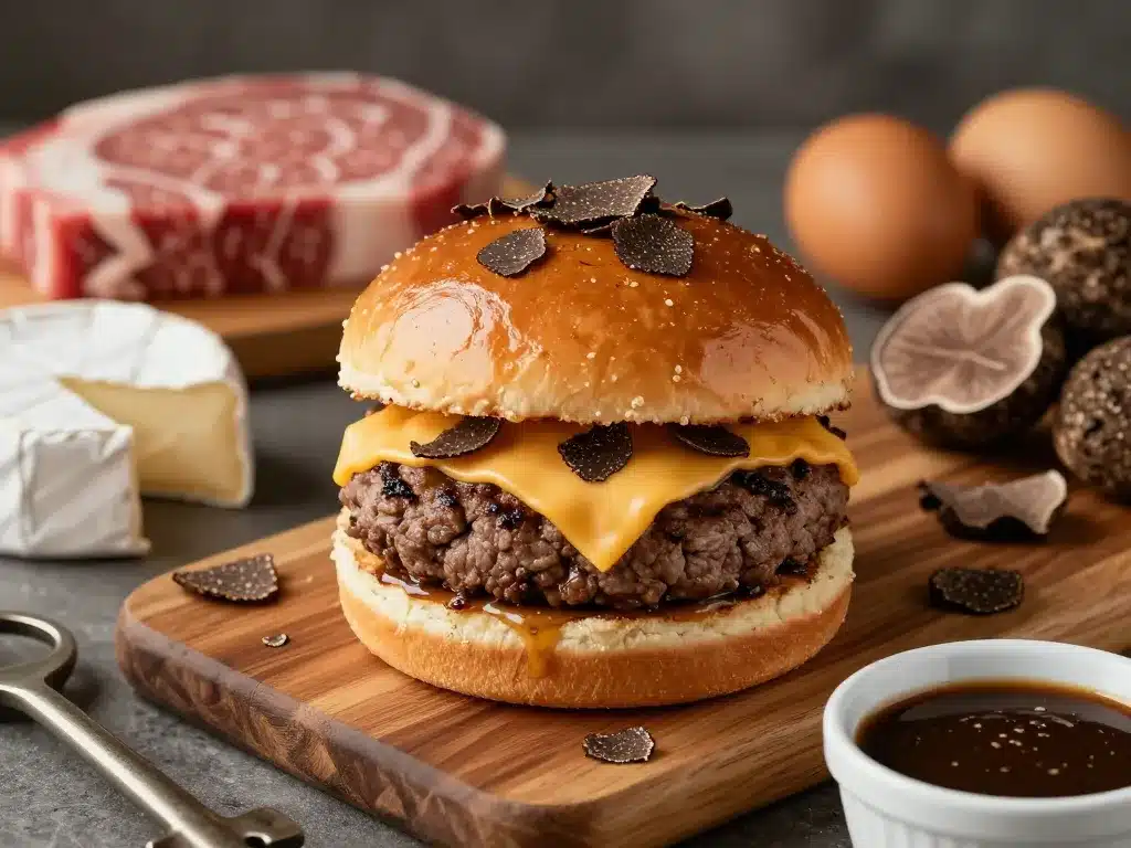 Truffle burger ouvert, ingrédients de qualité et copeaux de truffe