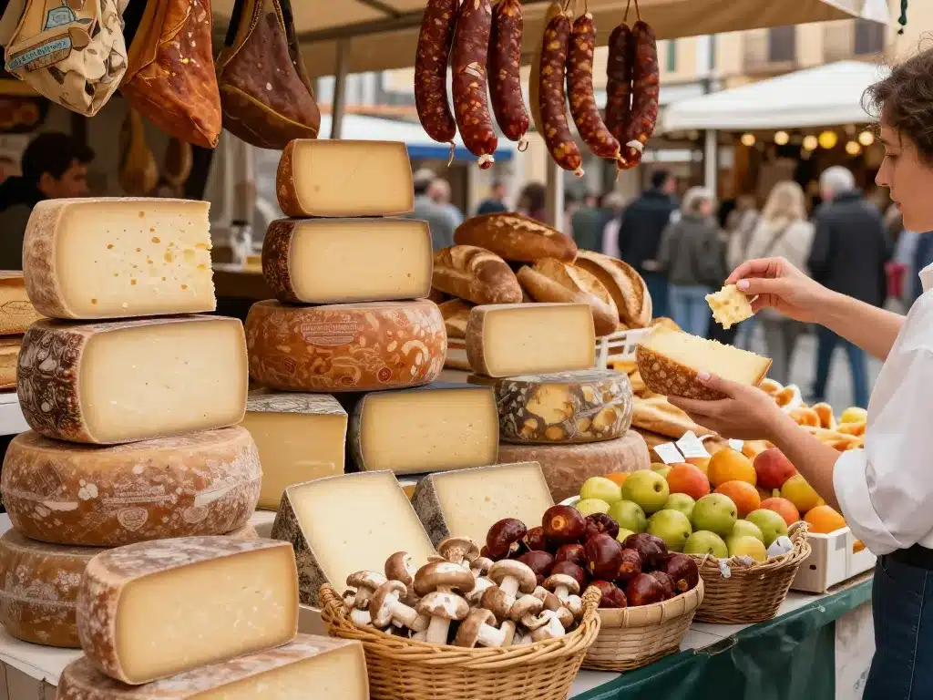 Marché catalan de Vic Espagne avec fromages, charcuterie, spécialités régionales