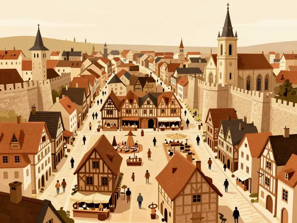 Architecture ville médiévale ruelles maisons marché