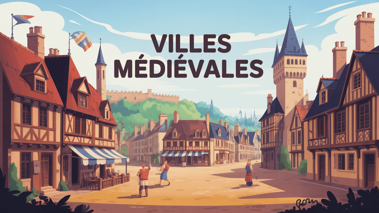 Ville médiévale avec remparts et maisons à pans de bois