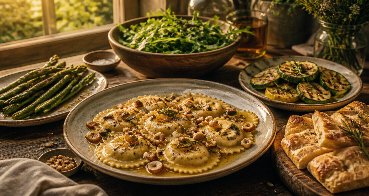 accompagnement ravioli avec légumes rôtis et focaccia