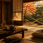 Chambre traditionnelle ryokan Kyoto avec tatami et jardin
