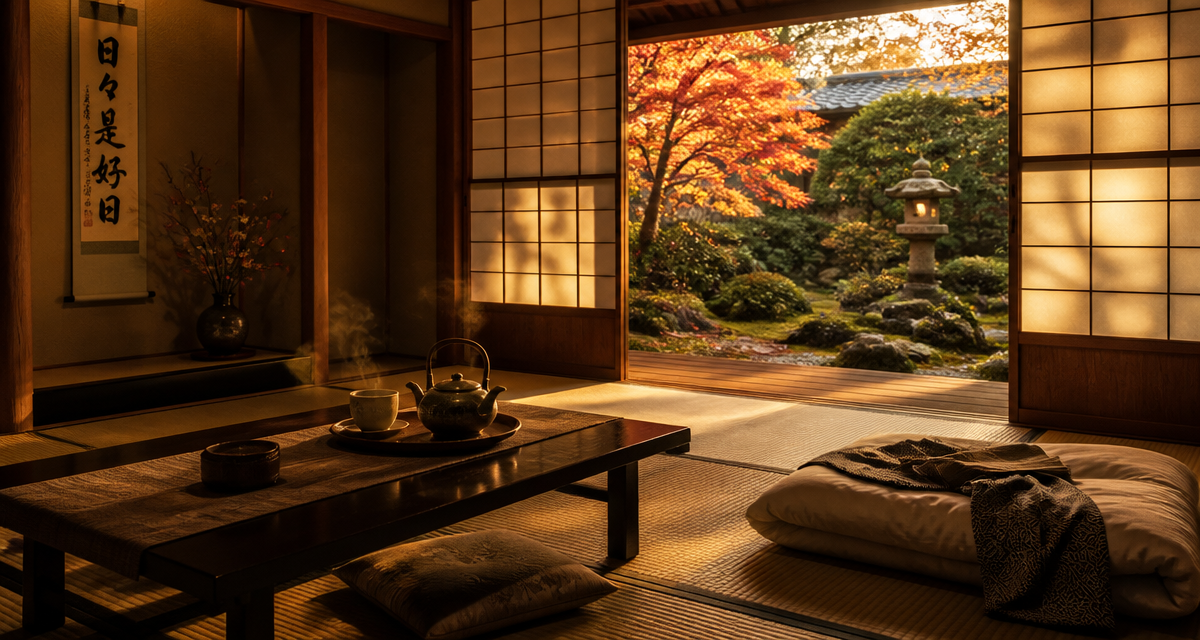 Chambre traditionnelle ryokan Kyoto avec tatami et jardin