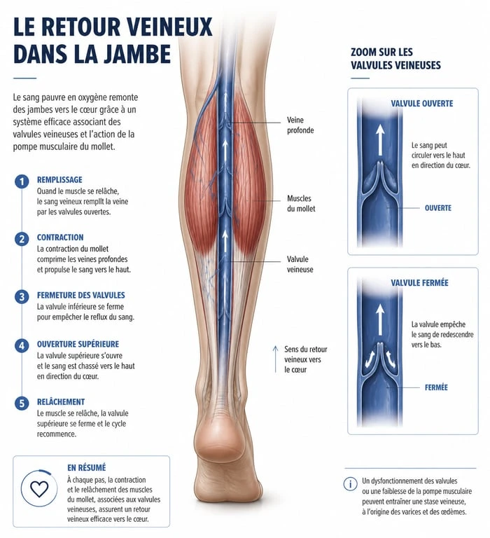Schéma explicatif du mécanisme du retour veineux pour améliorer la circulation sanguine