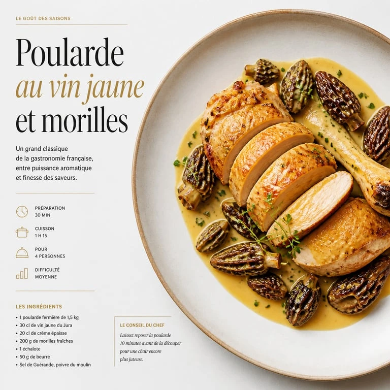 Recette de poularde au vin jaune façon Cyril Lignac servie dans une assiette élégante