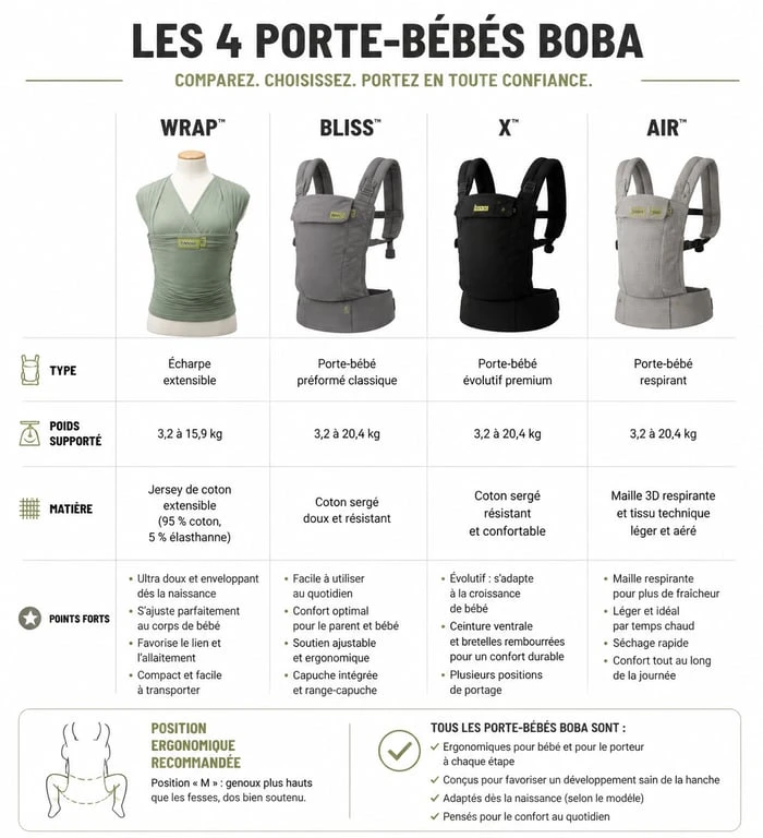 Tableau comparatif des porte-bébés Boba : Wrap, Bliss, X et Air pour choisir le modèle adapté à votre bébé