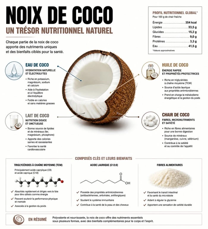 Infographie sur les bienfaits de la noix de coco pour la santé et ses propriétés nutritionnelles