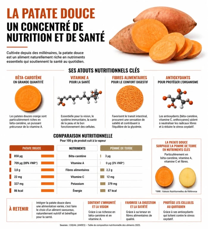 Infographie des bienfaits nutritionnels et apports santé de la patate douce