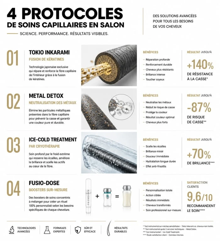 Infographie comparative des protocoles de soin cheveux en salon pour choisir le traitement adapté à la santé de vos cheveux.