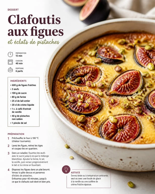 Clafoutis aux figues fraîches et éclats de pistaches, recette gourmande de saison