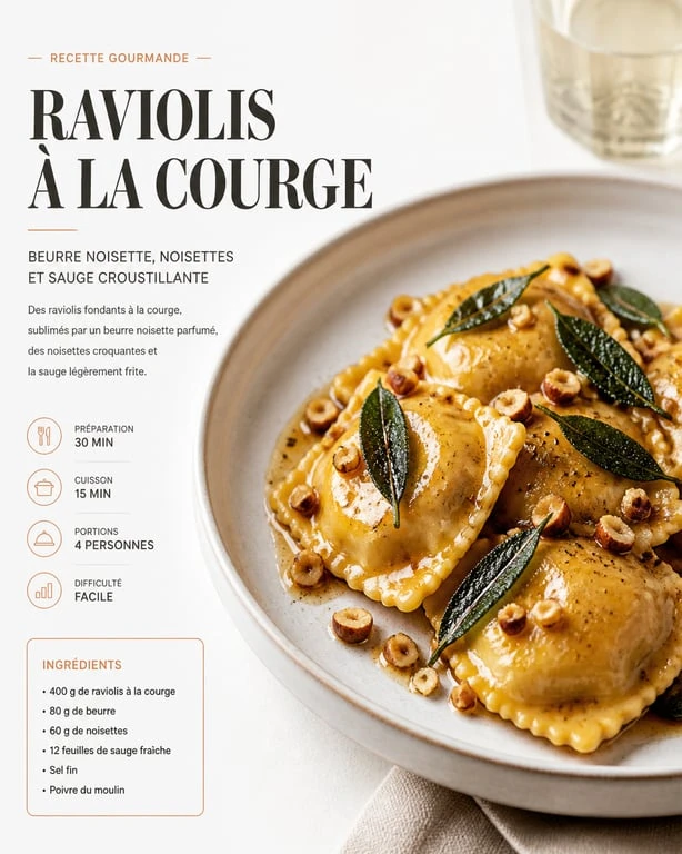 Assiette de raviolis à la courge avec beurre noisette et noisettes, un accompagnement idéal pour vos raviolis.