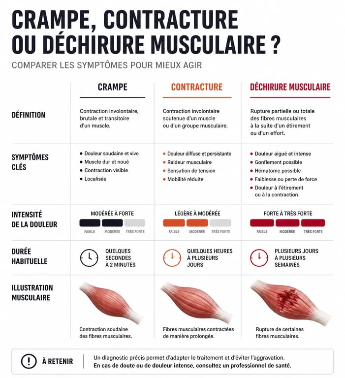Infographie comparative des symptômes de la contracture au mollet, crampe et déchirure musculaire pour savoir que faire.