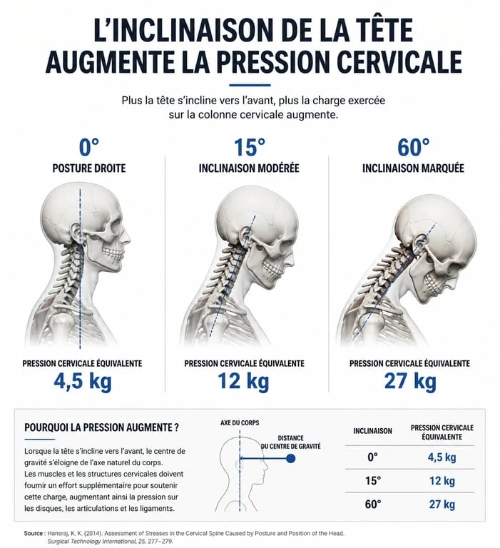Infographie montrant la pression cervicale selon l'inclinaison de la tête et la bosse de bison