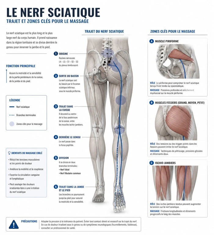 Schéma anatomique du trajet du nerf sciatique et zones cibles pour le massage nerf sciatique