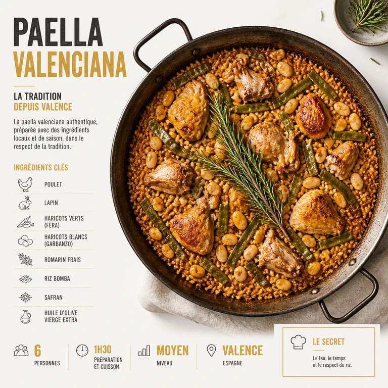 Paella valenciana traditionnelle avec poulet et lapin
