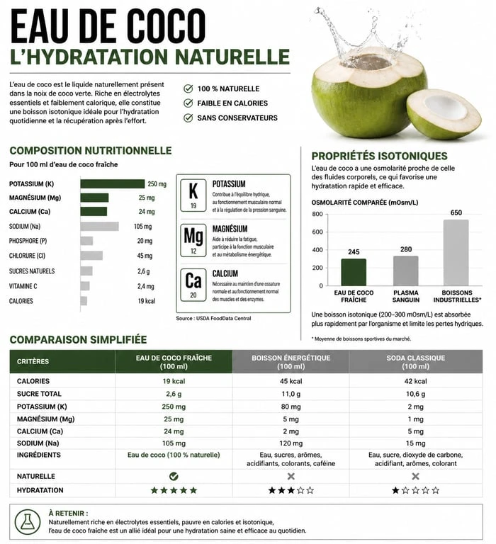 Infographie des bienfaits de l'eau de coco et composition nutritionnelle