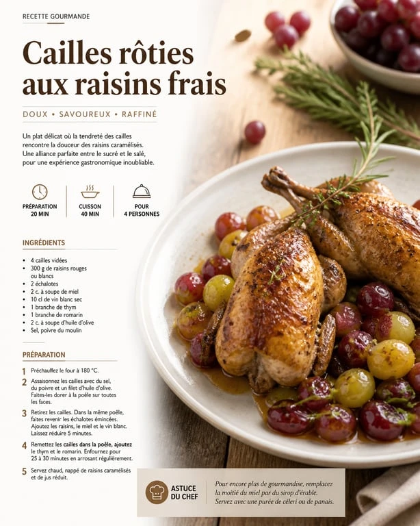 Assiette de cailles aux raisins, une recette au raisin raffinée et gourmande