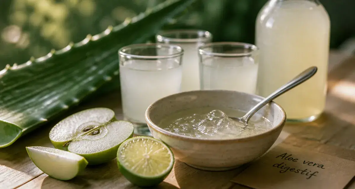 Aloe vera beverage : gel pur en verre et bouteille de jus