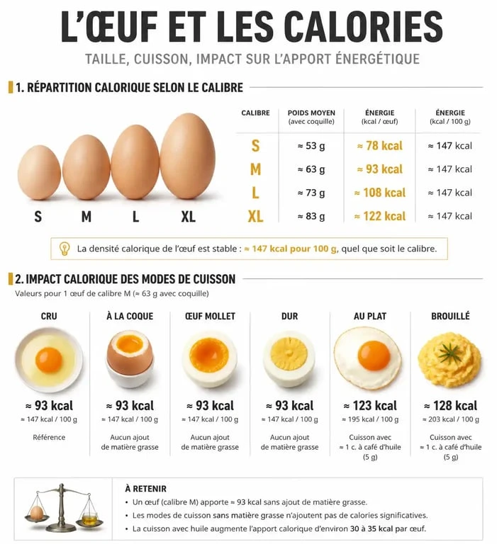Infographie des calories dans les œufs selon le calibre et le mode de cuisson