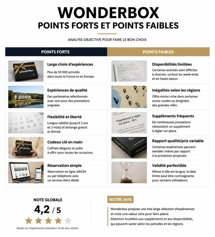 Tableau comparatif des avis et points forts et faibles des coffrets cadeaux Wonderbox