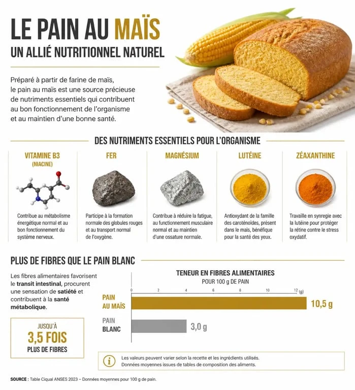 Infographie des bienfaits nutritionnels et santé du pain au maïs