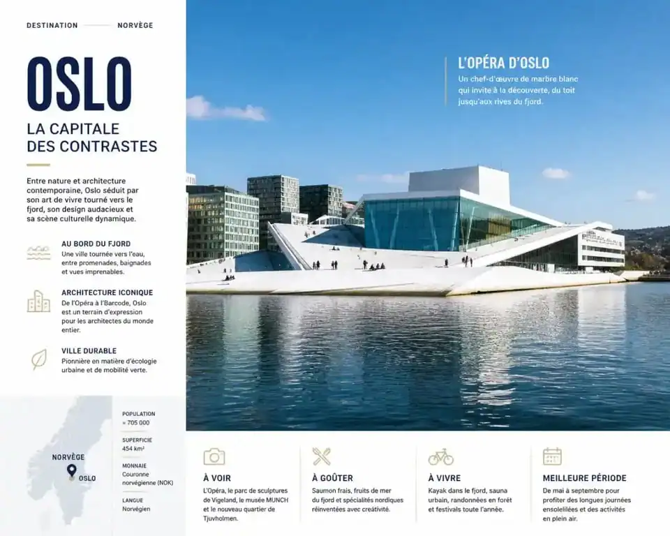 Vue panoramique de l'Opéra d'Oslo et du front de mer, une destination incontournable à Oslo en Europe.