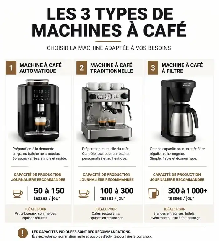 Infographie comparative des types de machines à café professionnelles et leurs capacités de production