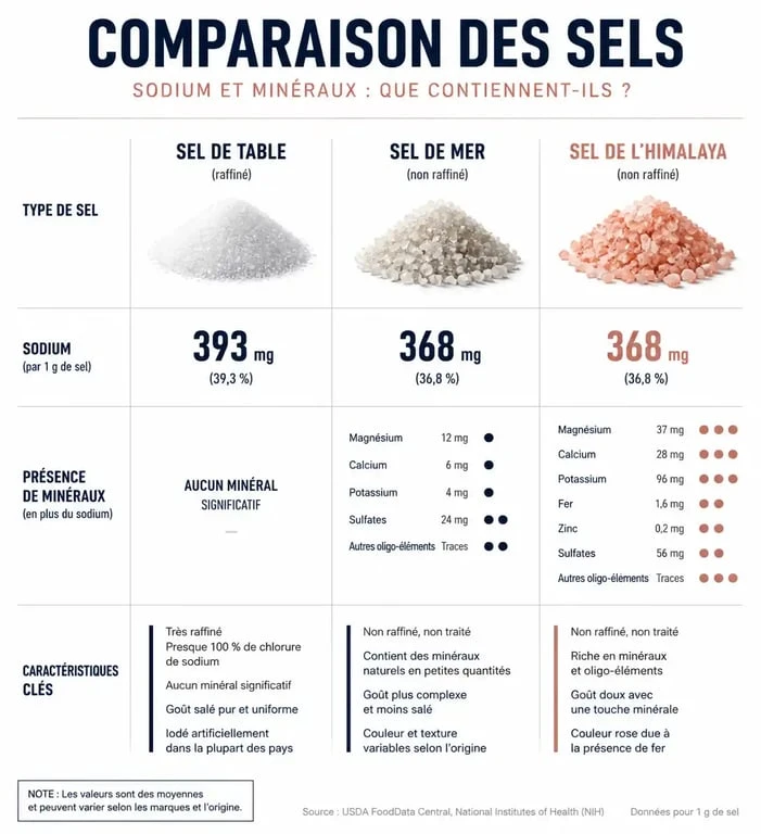 Infographie comparative des différents types de sel pour la santé : sel de table, sel de mer et sel de l'Himalaya