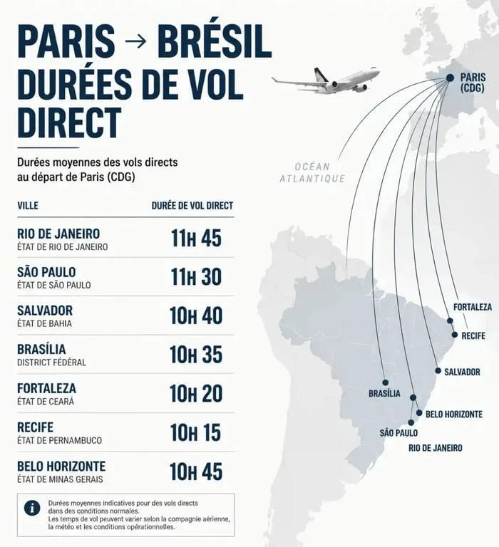 Infographie des durées de vol direct entre Paris et le Brésil