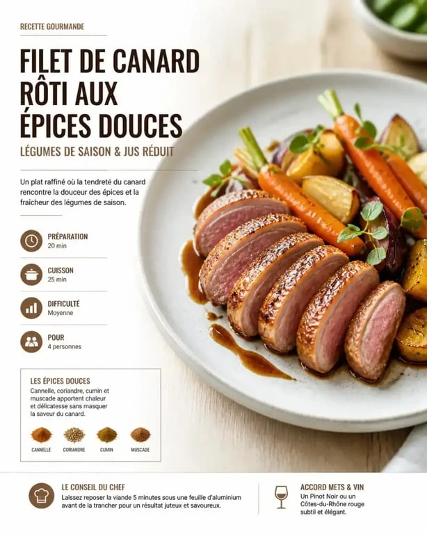 Filet de canard aux épices douces servi au restaurant L'Échappée Belle