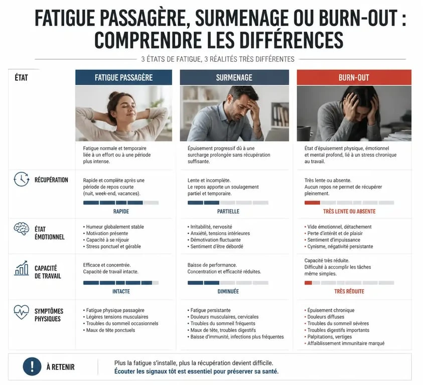Infographie comparative des symptômes du surmenage, de la fatigue et du burn-out