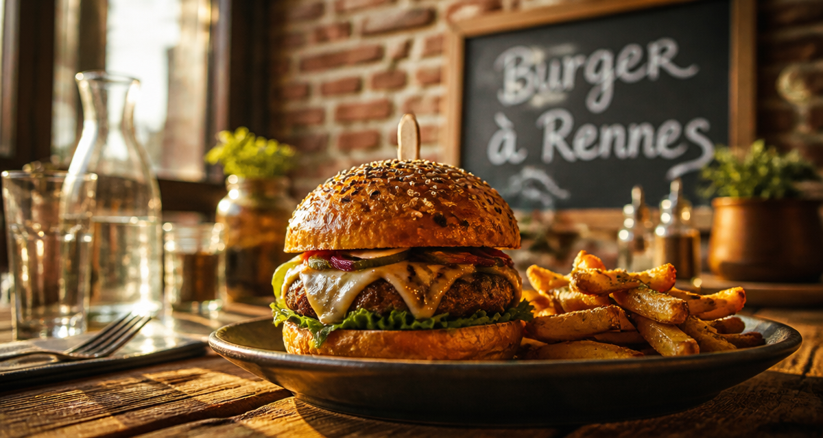 Hamburger Rennes artisanal sur table avec frites