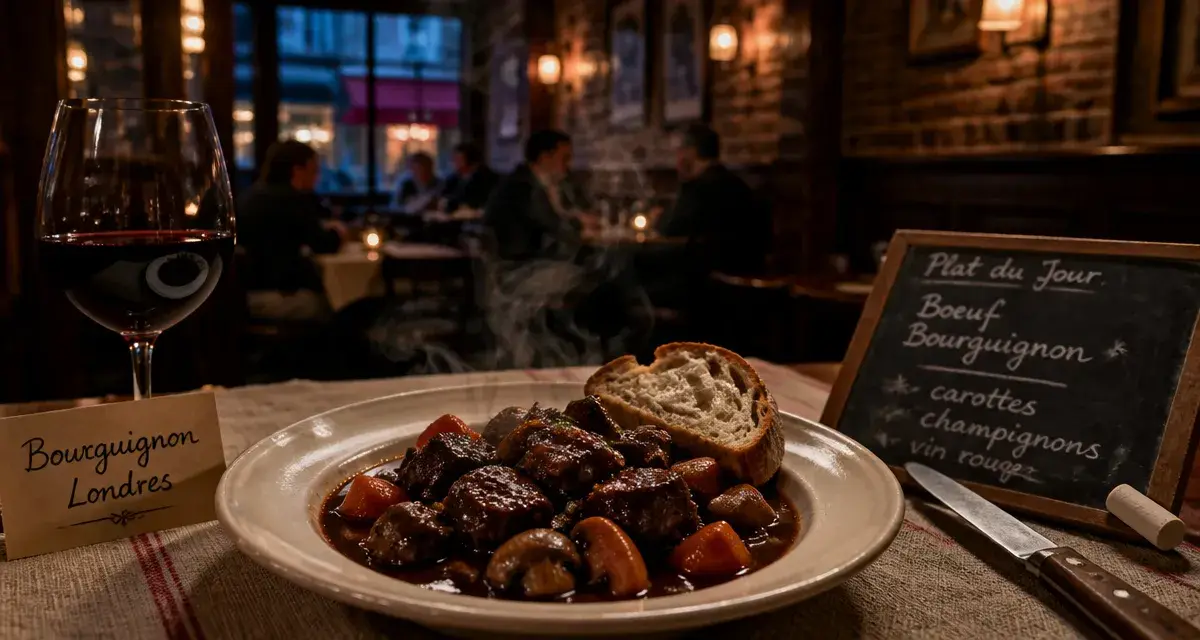 Bœuf bourguignon fumant dans un londres restaurant francais, ambiance bistrot