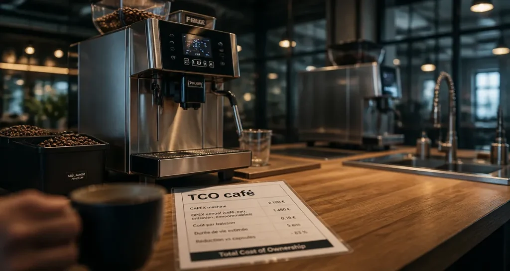 Meilleure machine à café professionnelle sur comptoir, vue rapprochée machine pro à grains