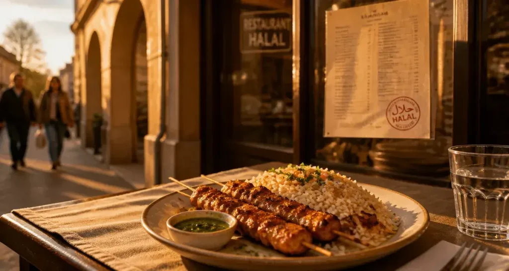 Restaurant halal 78 : table en bois et poulet braisé