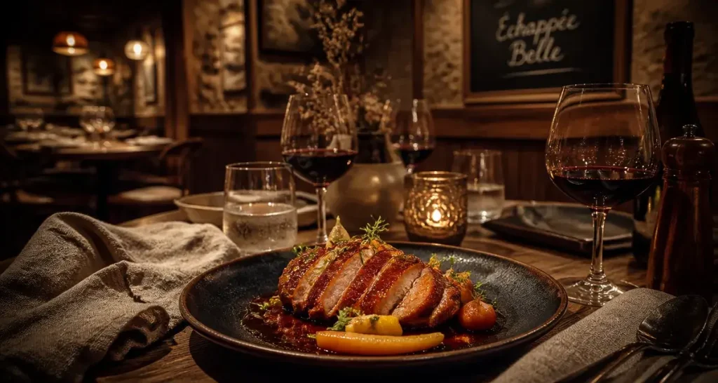 Restaurant l'echappée belle, table bistronomique dressée pour le soir, assiette et verre à vin