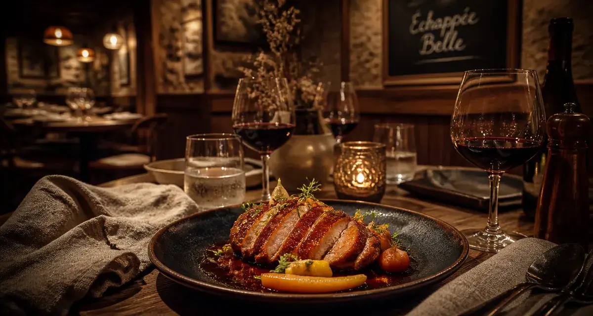 Restaurant l'echappée belle, table bistronomique dressée pour le soir, assiette et verre à vin