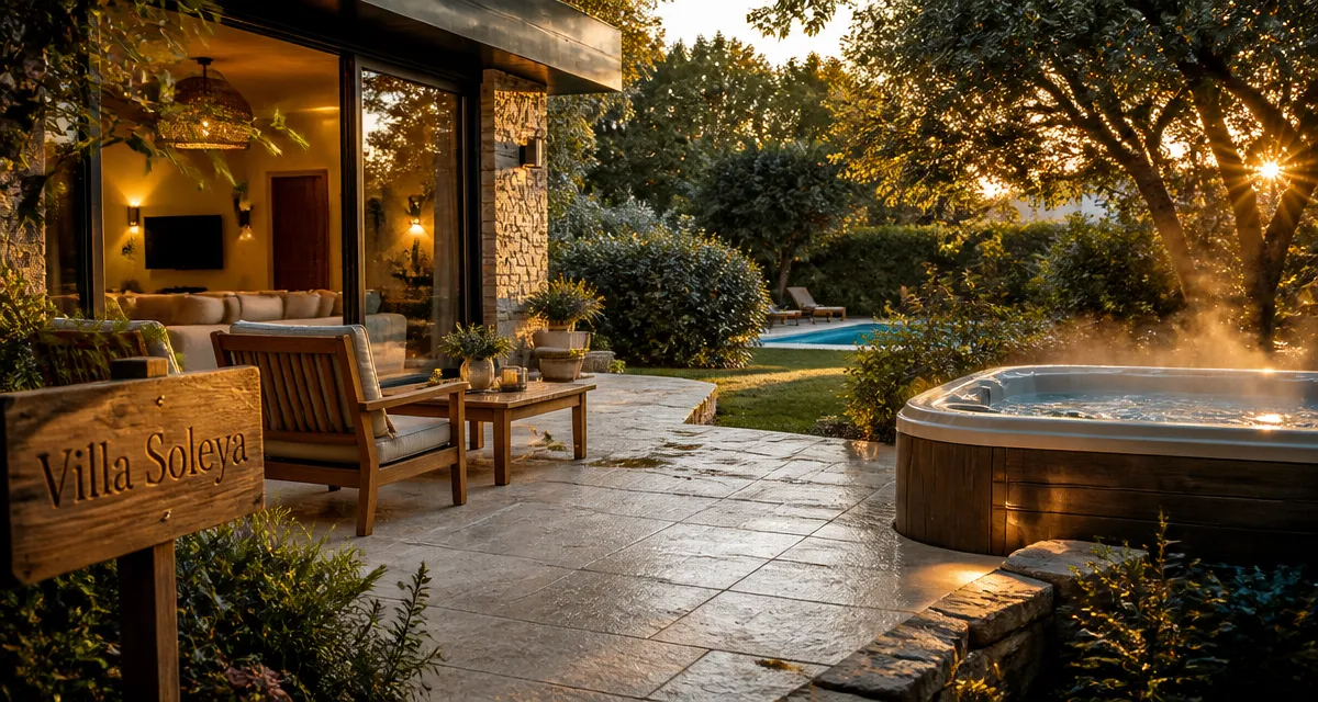 Villa Soleya Ardèche : jacuzzi privé dans jardin clos