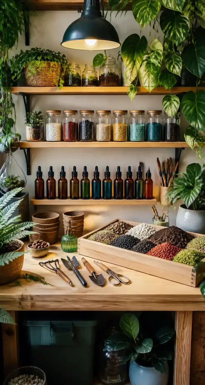 Atelier de jardinage d'intérieur avec engrais, substrats et outils