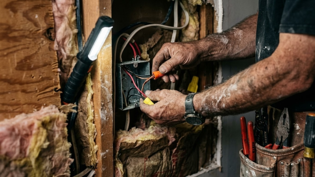 Electrician's hands doing precision wiring work inside a wall cavity, demonstrating skilled trade dexterity AI cannot replicate