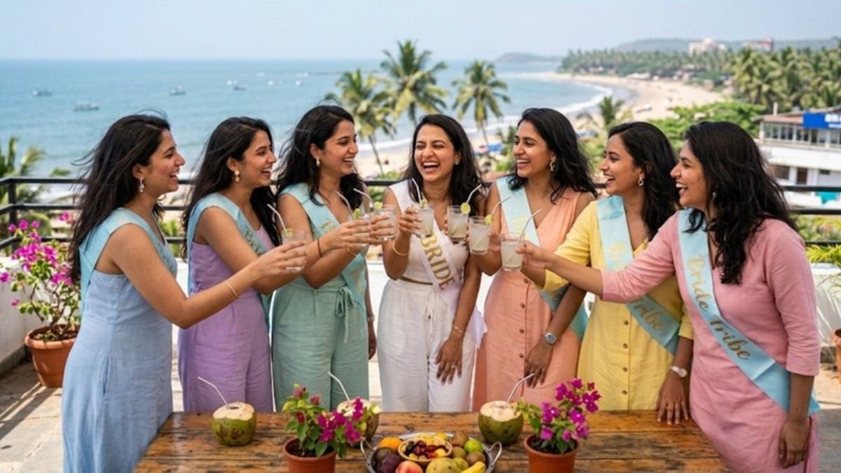 Alt Text: Indian bachelorette party group of women on rooftop in Goa Caption: The bachelorette weekend in Goa has become a rite of passage for urban Indian women, with full itineraries and coordinated looks.