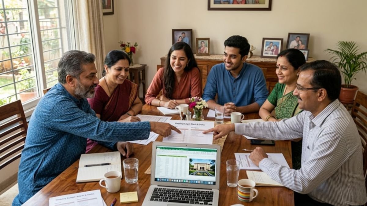 Alt Text: Two Indian families discussing wedding cost sharing at a dining table Caption: More Indian families are splitting wedding expenses down the middle, ending a tradition that placed the entire financial burden on the bride's side.