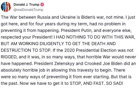 Зображення посту: Трамп заявив, що Зеленський та Байден «дозволили розпочатись війні»