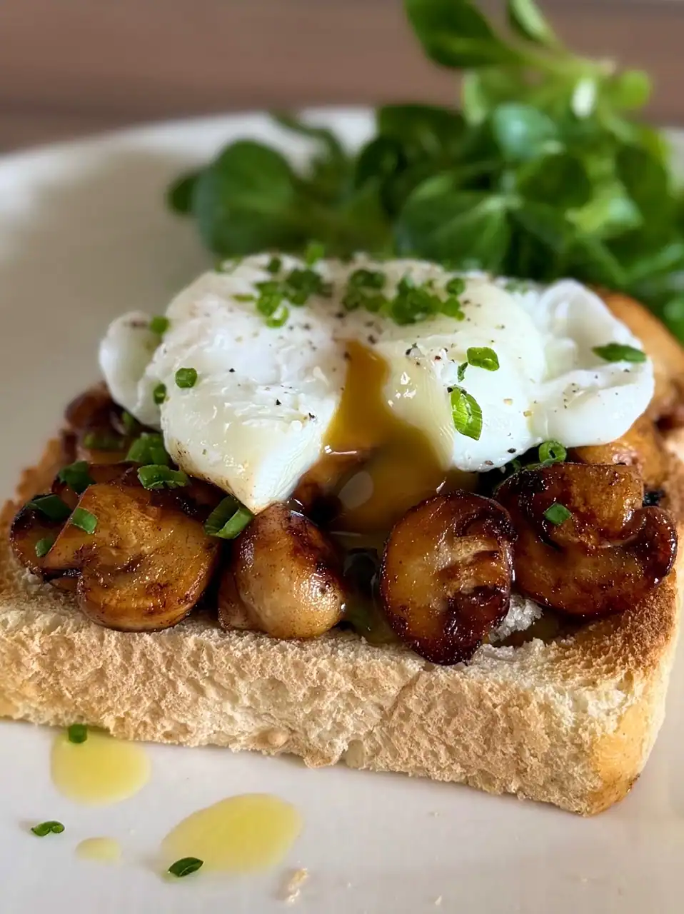 mushrooms on toast with poached egg and lambs lettuce