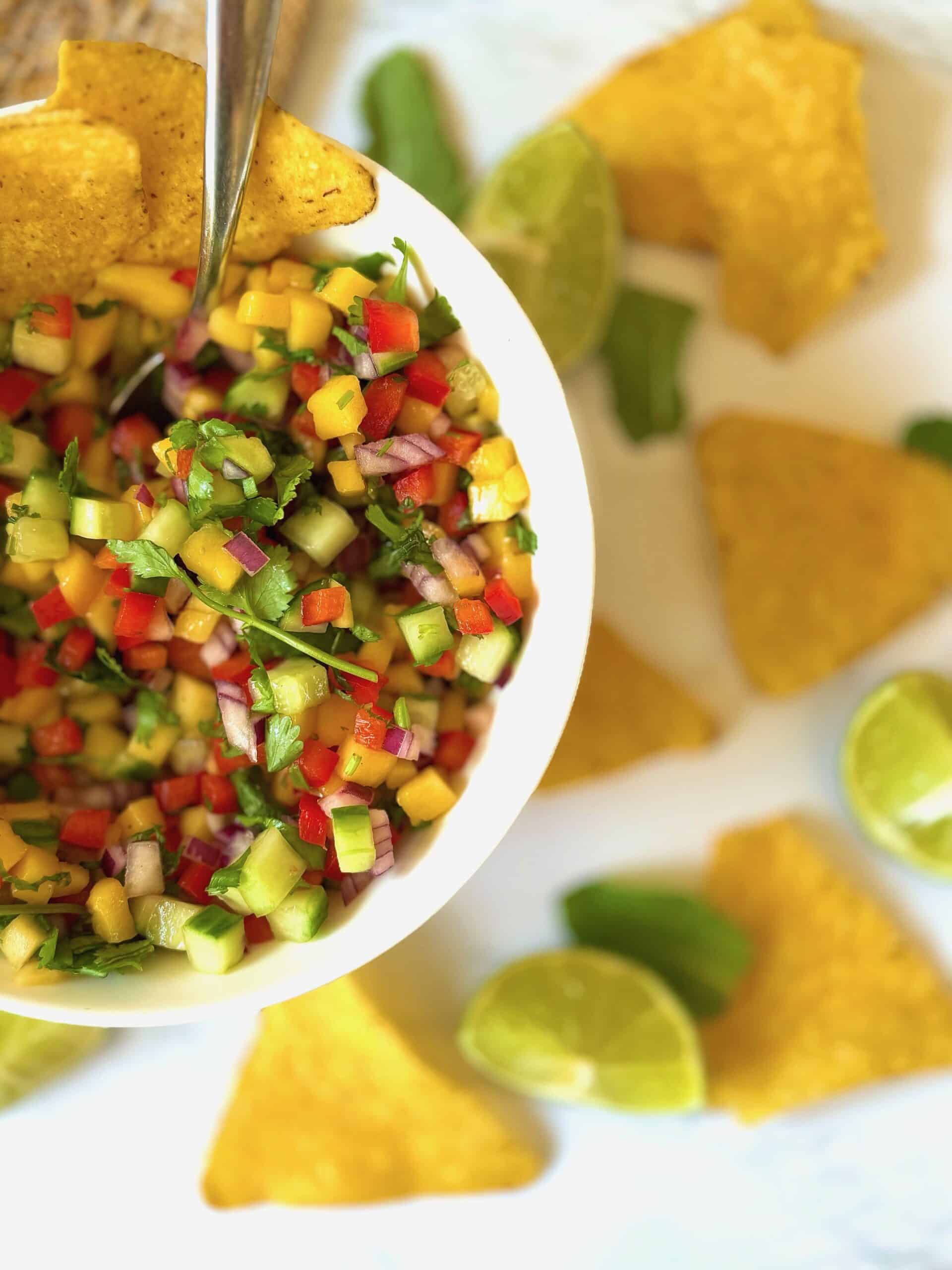 colourful mango salsa with lime and mint