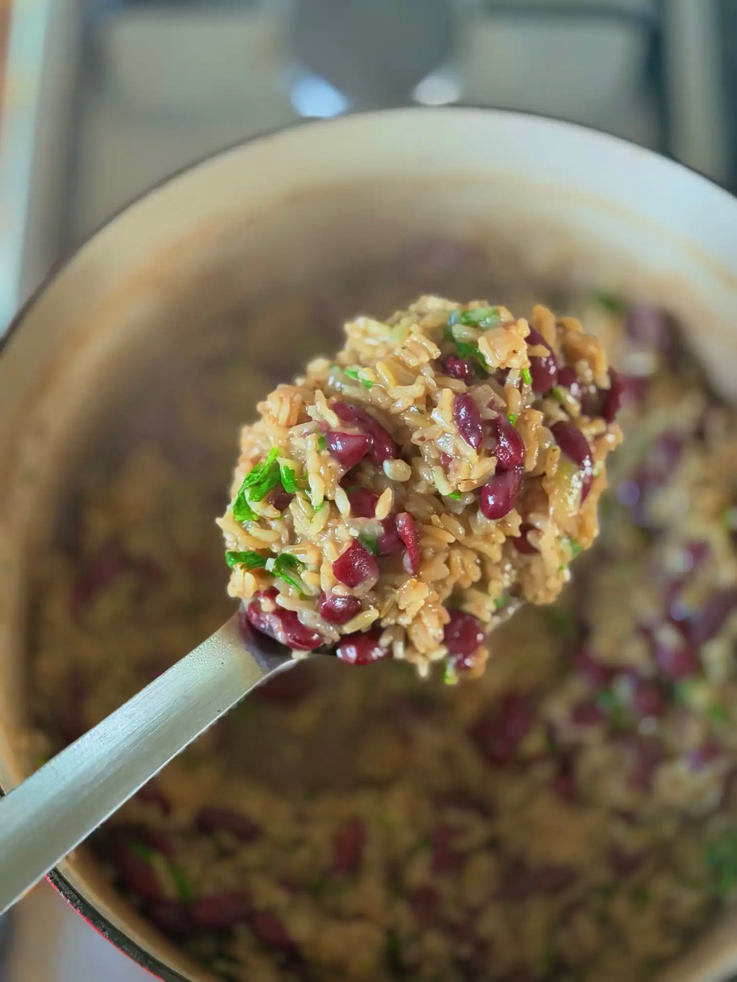 rice and peas on a spoon